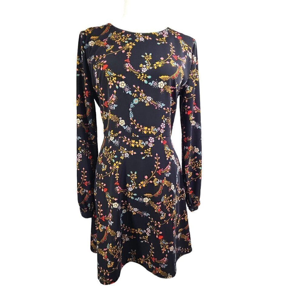 Loft Black Ditsy Floral Garland Flare Long Sleeve Dress Size 6